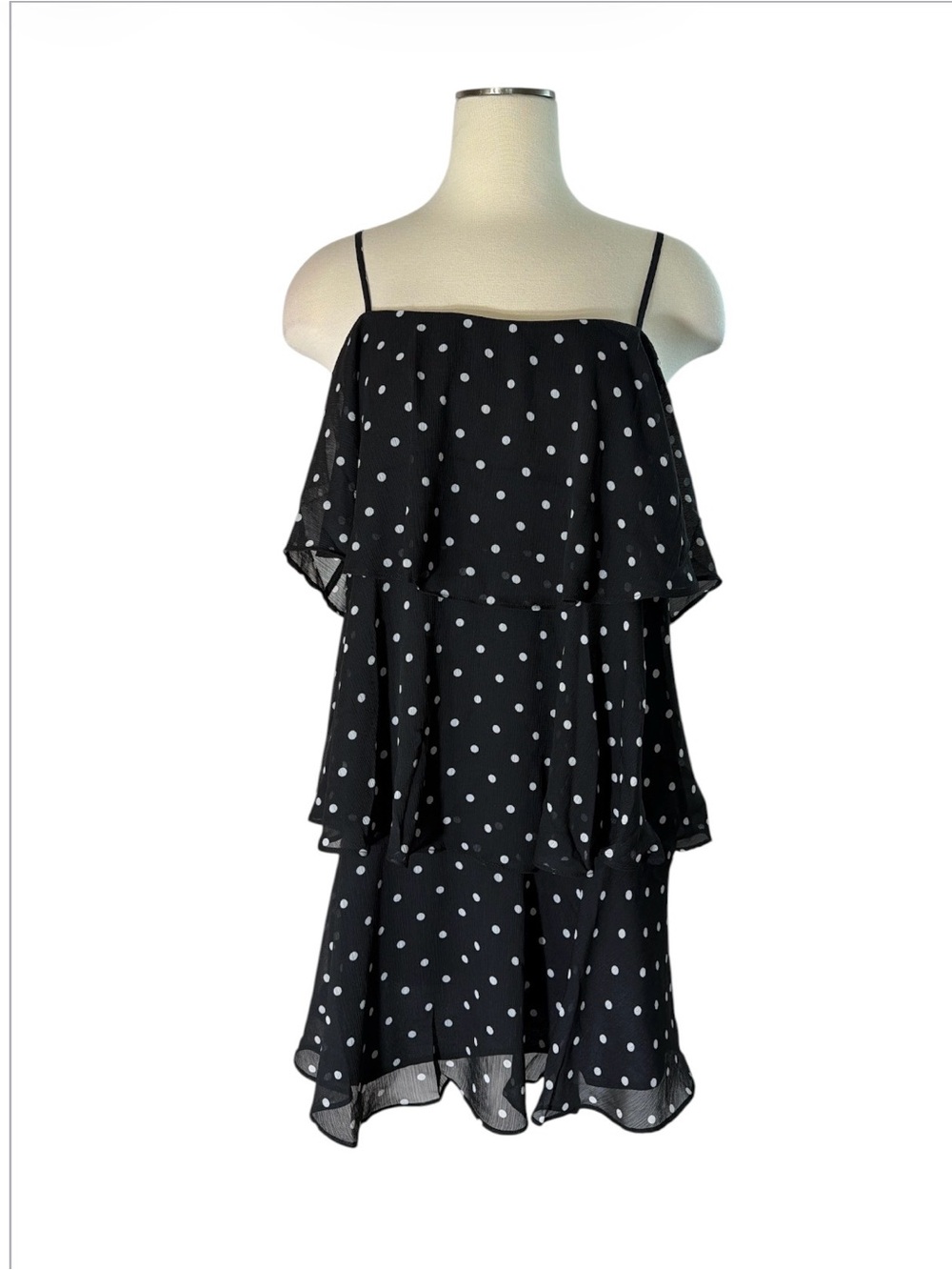 a new day Women’s Tiered Ruffle Mini Shift Black Dress with White Polka Dots